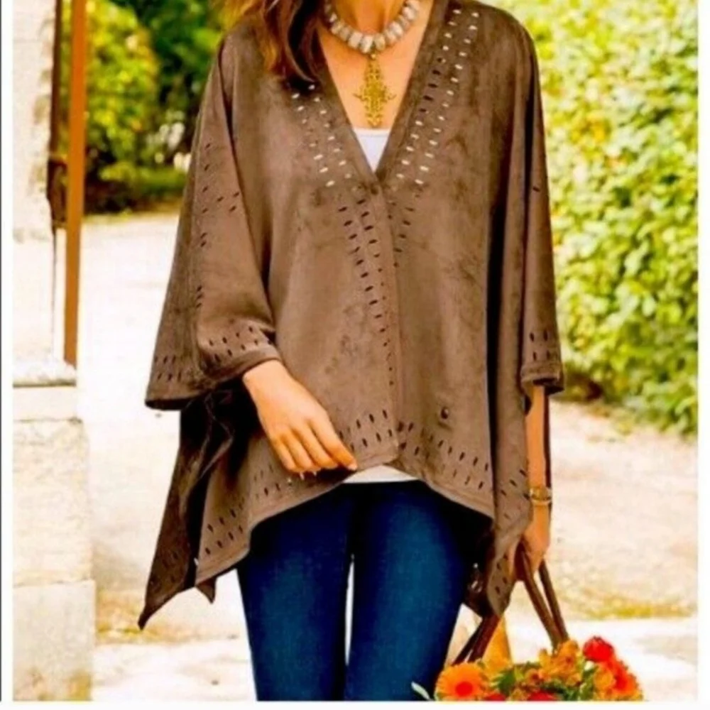 Soft Surroundings Faux Suede Laser Cut Poncho Kimono Shawl - One Size Boho Style - Picture 13 of 13